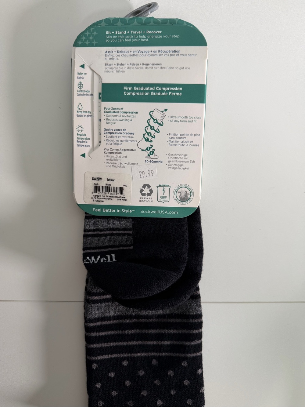 NEW Sockwell Twister 20-30 mmHg Compression Socks Women M/L Black Gray Merino - Picture 2 of 2
